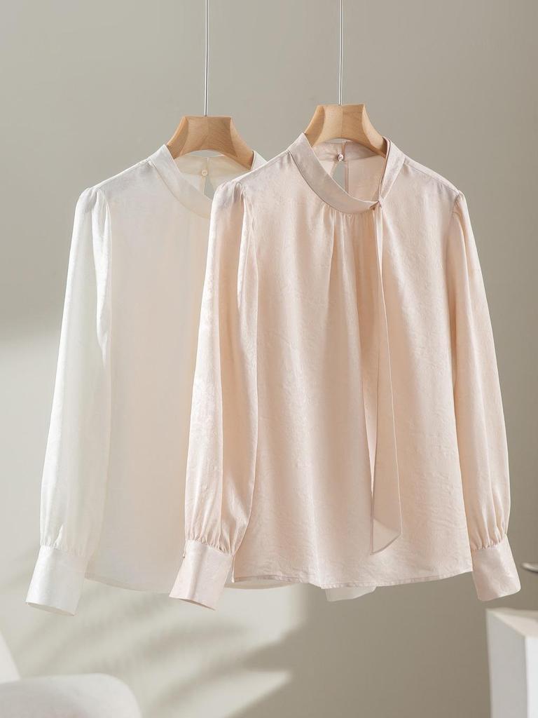 Camicia da donna a maniche lunghe in seta di gelso 19 momme, design a nastro jacquard, stile lusso leggero francese, nuovo arrivo Primavera/Estate.