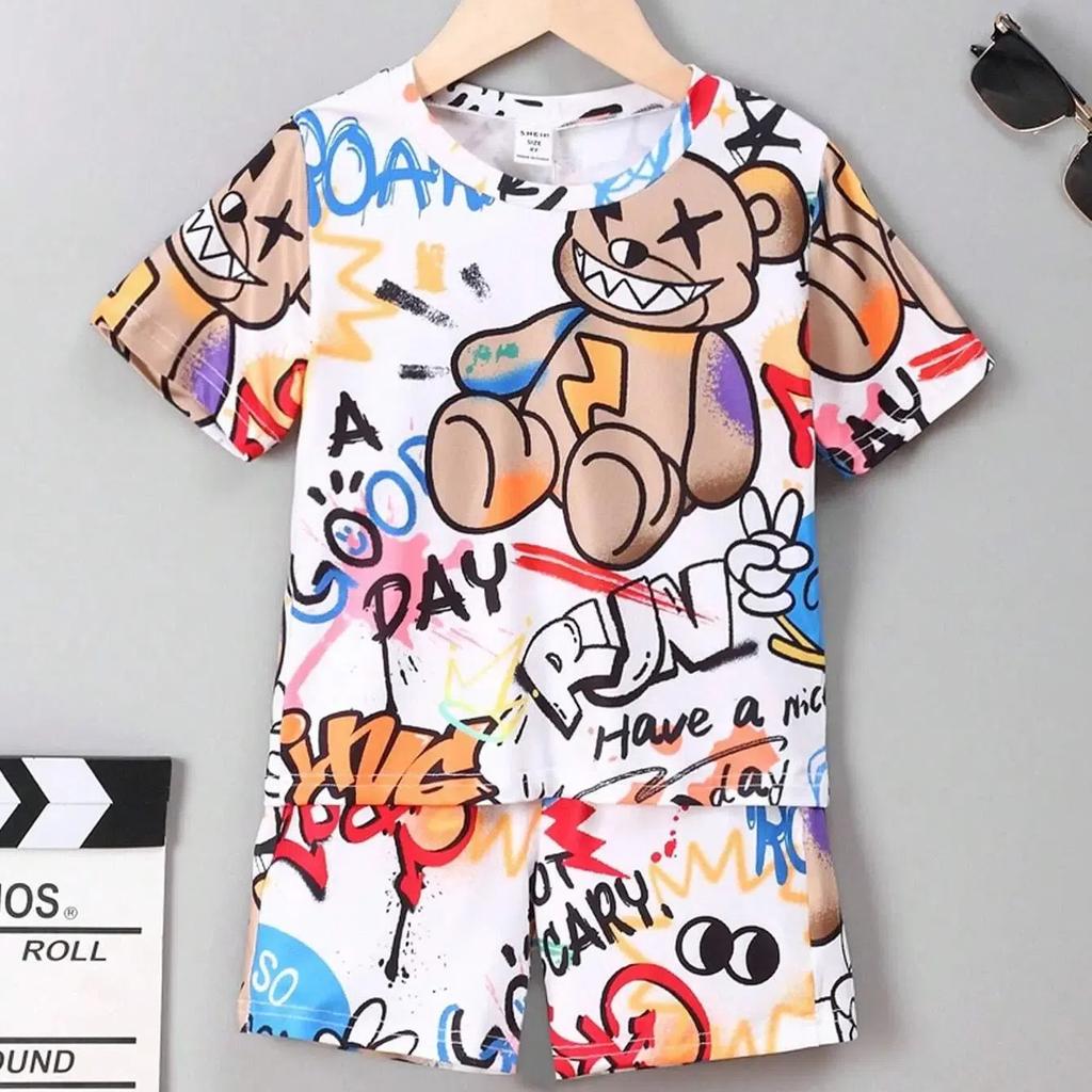 Sommer 4-14 Jahre Kinder Coole Jungen Süße Mädchen 3D Cartoon Druckmuster Polyester Kurzarm T-Shirt Und Shorts Sets