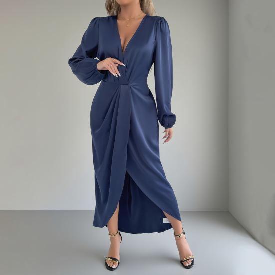 Dámské saténové zavinovací dlouhé šaty s výstřihem do V, dlouhým rukávem, maxi šaty s vysokým rozparkem, párty šaty, koktejlové večerní šaty