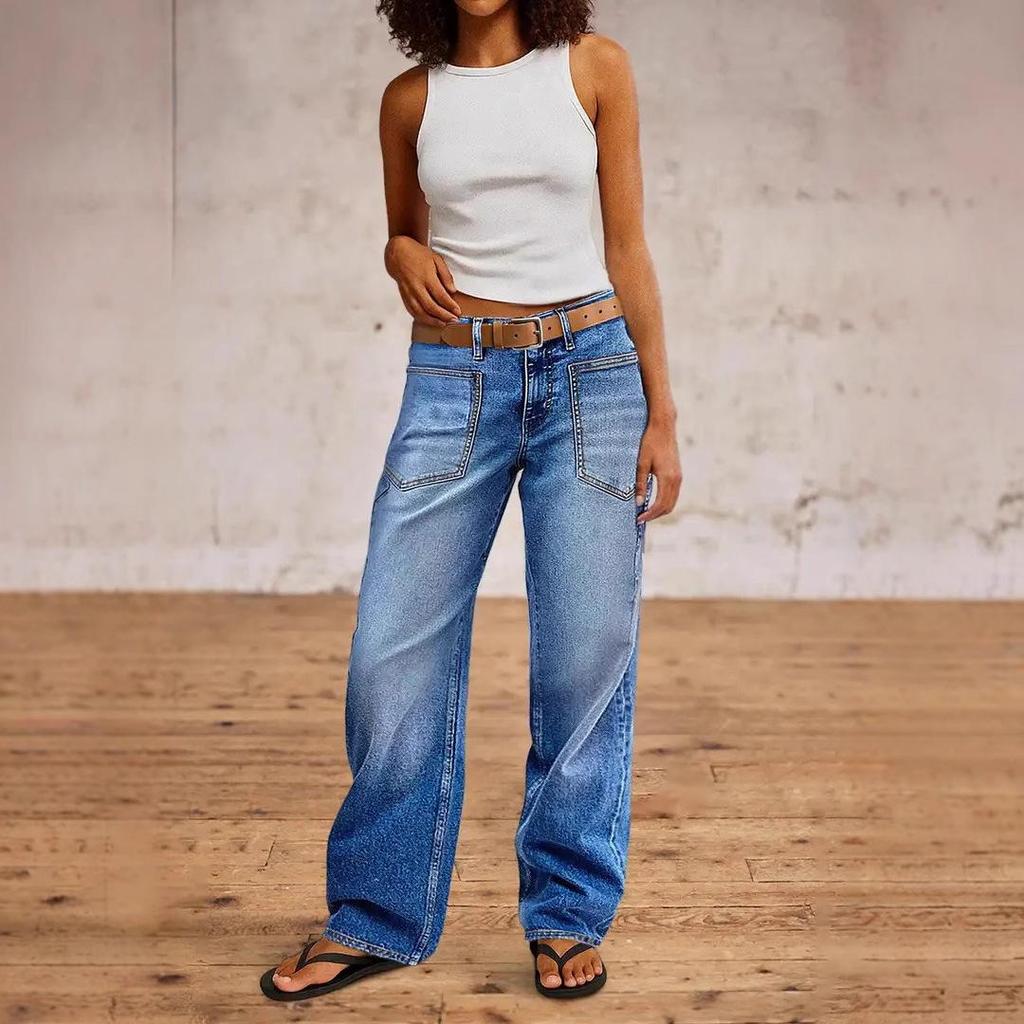 2026 Nya Damjeans med Hög Midja och Stretch, Löst Passande Raka Denimbuxor med Fickor för Vardagsbruk
