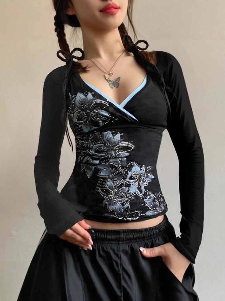 Y2K Spicy Girl V-neck Floral Long Sleeve Slim Fit Waist Cinched Retro Top