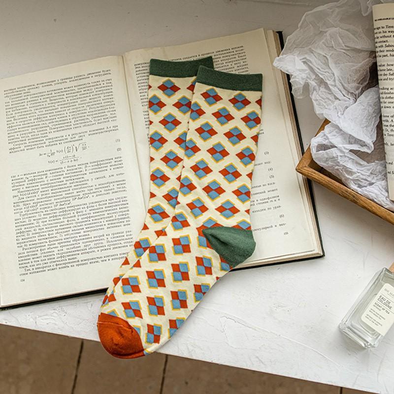 Women's Mid-calf Socks, All-season Styles, Cute, Stacked Socks, Trendy Diamond-shaped, Country-style Cartoon Socks