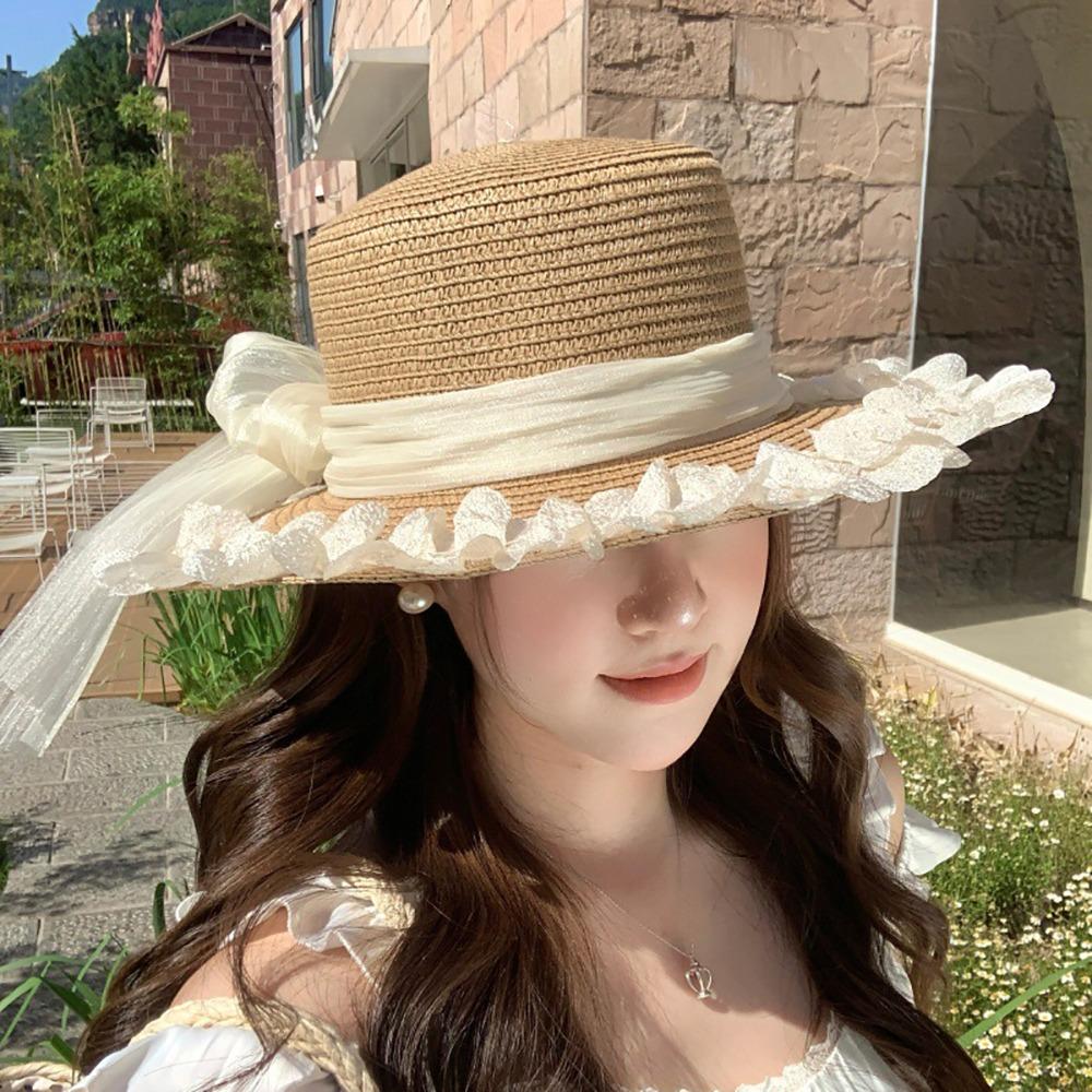 Large Brim Sun Hat Flower Sun Protection Hat Fashion Wide Brim Hat Outdoor Activity 4-Khaki