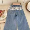 Girls Stitching Denim Pants with Lace Embroidered Bow Jeans Children Clothes Kids Straight Legged Pants Loose Trousers 2-8Y