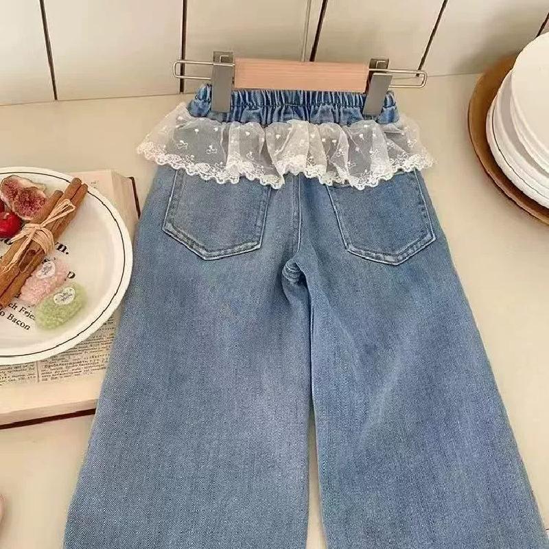 Girls Stitching Denim Pants with Lace Embroidered Bow Jeans Children Clothes Kids Straight Legged Pants Loose Trousers 2-8Y