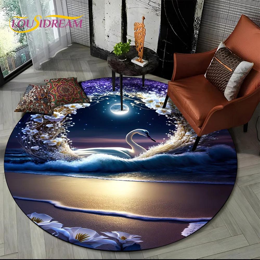 3D Dream Love Swan Cartoon Cygnus Girl Gift Round Carpet Rug for Living Room Bedroom Child Decor,Pet Area Rug Non-slip Floor Mat