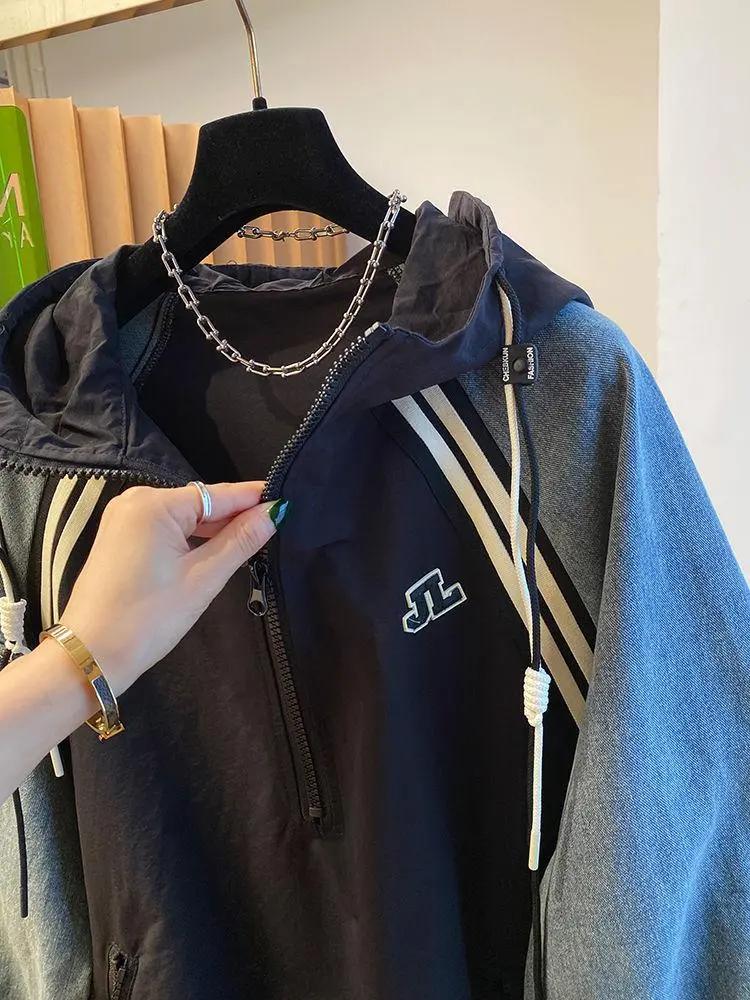 Oversized Sweatshirts for Women Patchwork Denim Streetwear Y2k Tops Hooded Contrast Color Vintage Hoodies
