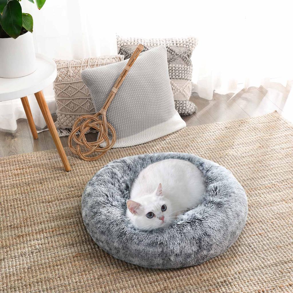 FEANDREA Dog Bed, Donut Cat Bed, Fluffy Calming Pet Bed with Removable, Washable Cover, Soft Long Plush, 50 cm, Grey
