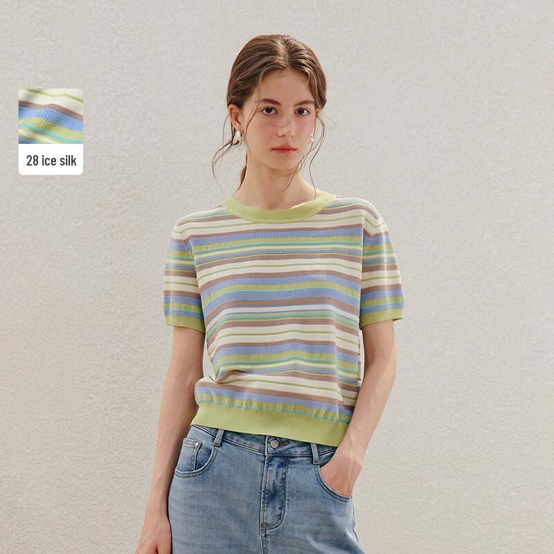 INMAN Women s Ice Silk Striped Short Sleeve Knit Top S