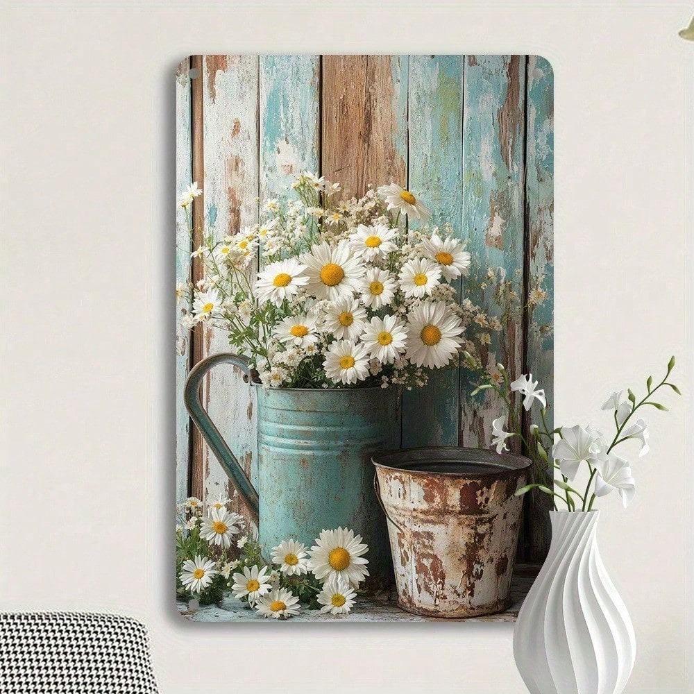 Vintage Daisy Bouquet Metal Tin Sign, Rustic Farmhouse Wall Decor for Home & Kitchen