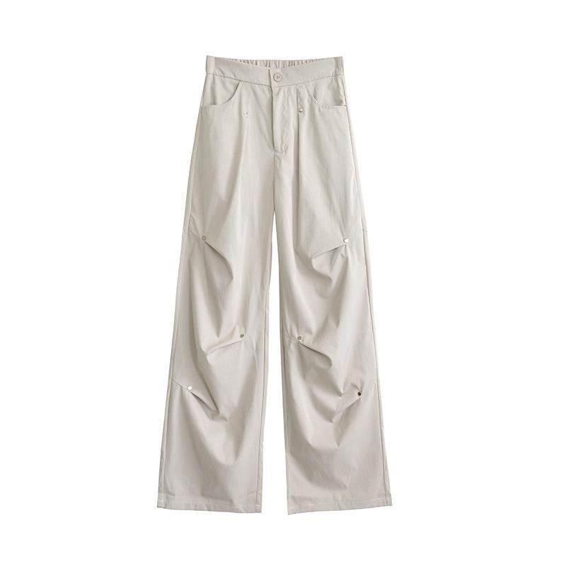 American Retro Willow Nail Cargo Pants for Women High Waist Straight Leg Trousers Slim Pleated Design Loose Wide Leg Casual Pants