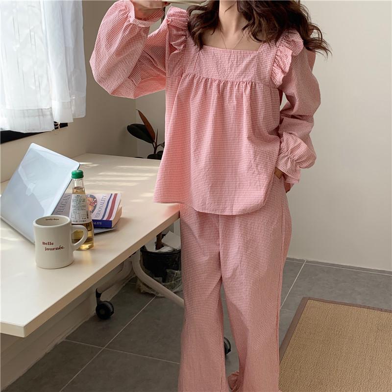 Pajama Set Plaid Homewear Two Piece Set Women Sleepwear Long Sleeve Tops Pants Pyjama Loose Korean Ladies Home Suit Ruffles