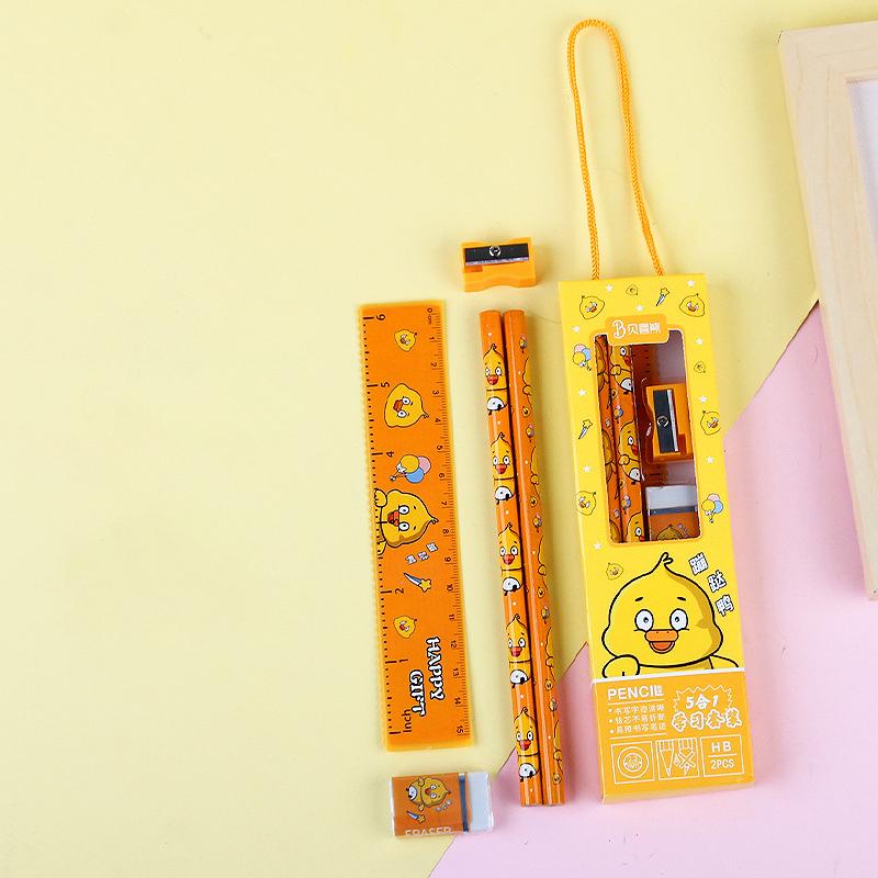 5 in 1 Pencil Set Portable Stationery Prize Cute Cartoon Stationery Gift Box Set School Supplies Writing Tool Stationery Set