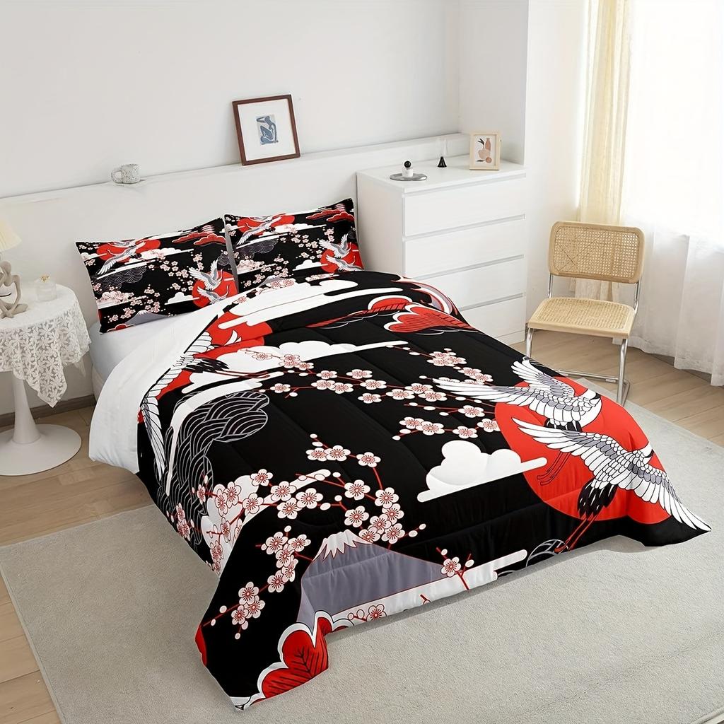 Erosebridal 2/3pcs Japanese-Style Comforter Set Crane Printed Cherry Blossoms Decor Comforter Japanese Traditional Pattern