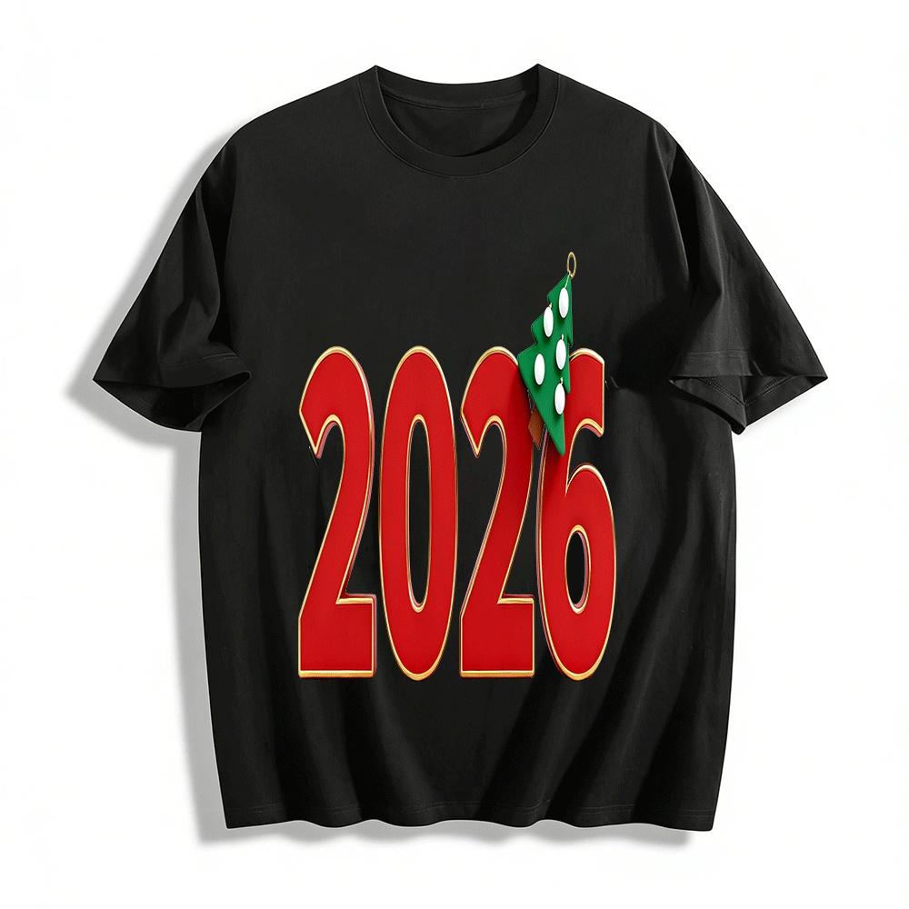 

2026 New Year Christmas Tree Print Casual Loose Festival Top For Men Women Pure cotton T-shirt XXS