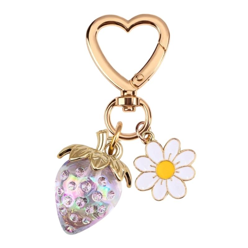 Romance Heart Shaped Resin Keychain With Strawberry Daisy Designs Portable Sturdy for Keys Bags Gifts