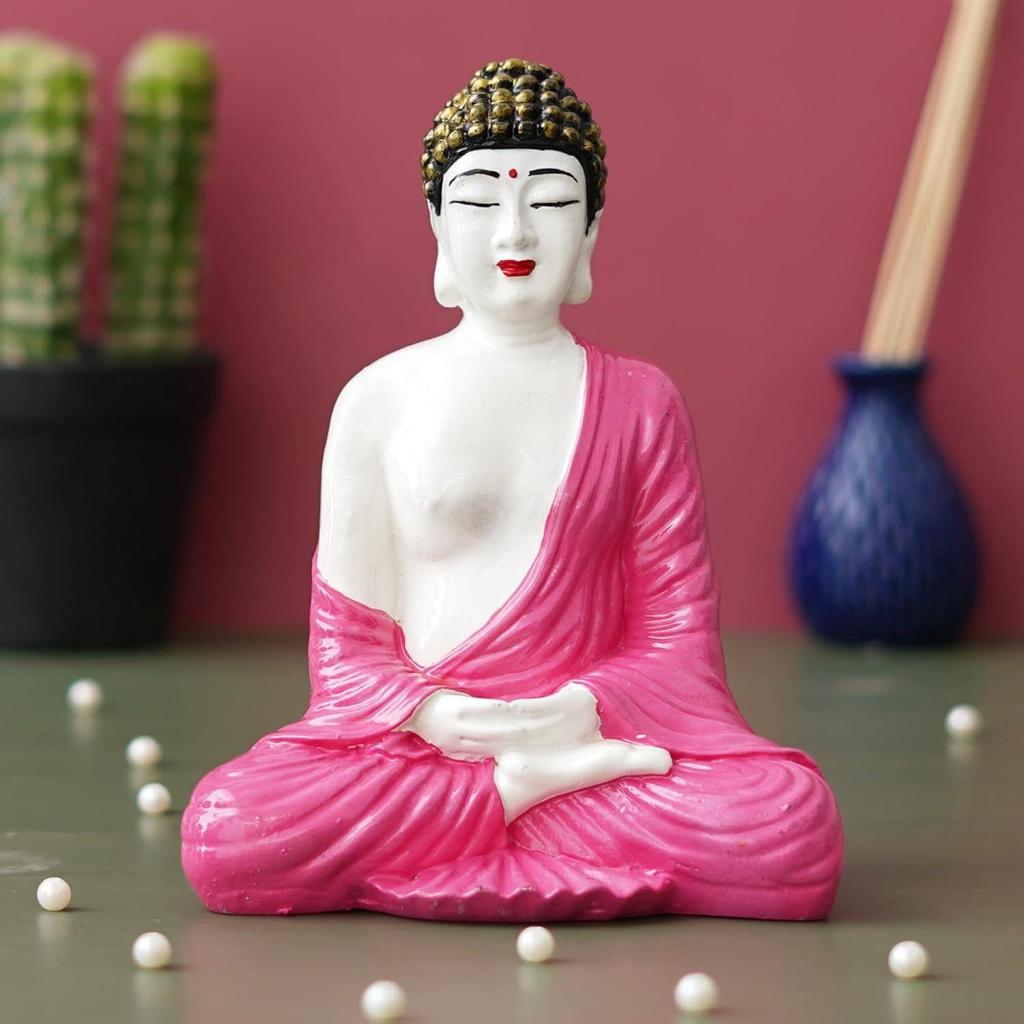 White Pink Resin Handcrafted Meditating Lord Buddha Statue for Living Room Home Decor Office