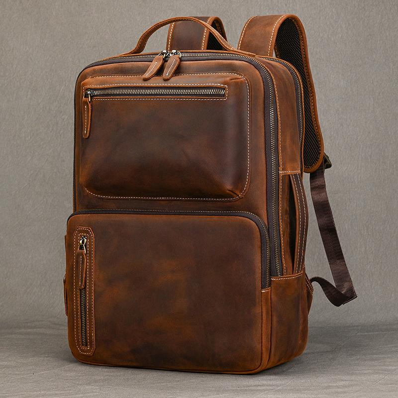 High Fashion Mens Leather Backpack For 15.6 Inch Laptop Genuine Leather School Bagpack Bag For Men Women Retro Style Large Size