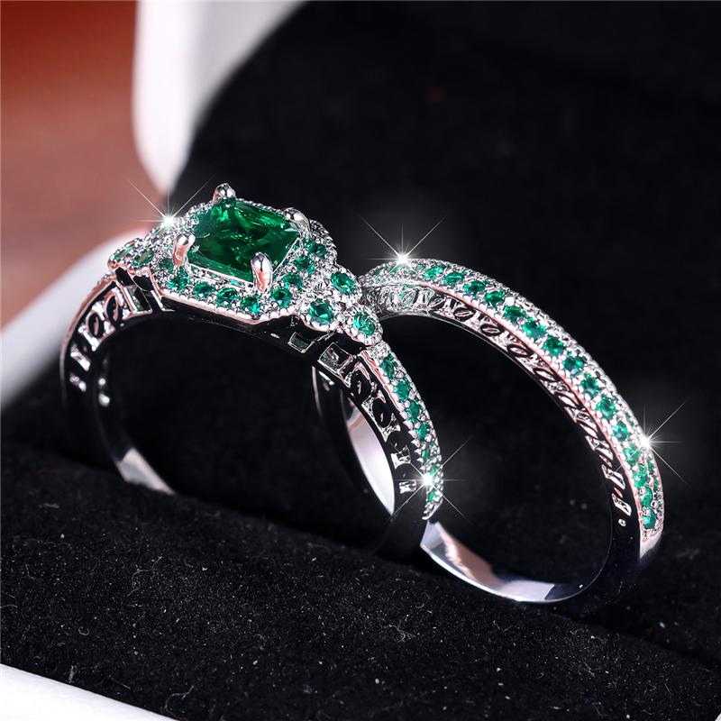 Luxury Female Green Zircon Stone Engagement Ring Set Cute Silver Color Wedding Jewelry For Women