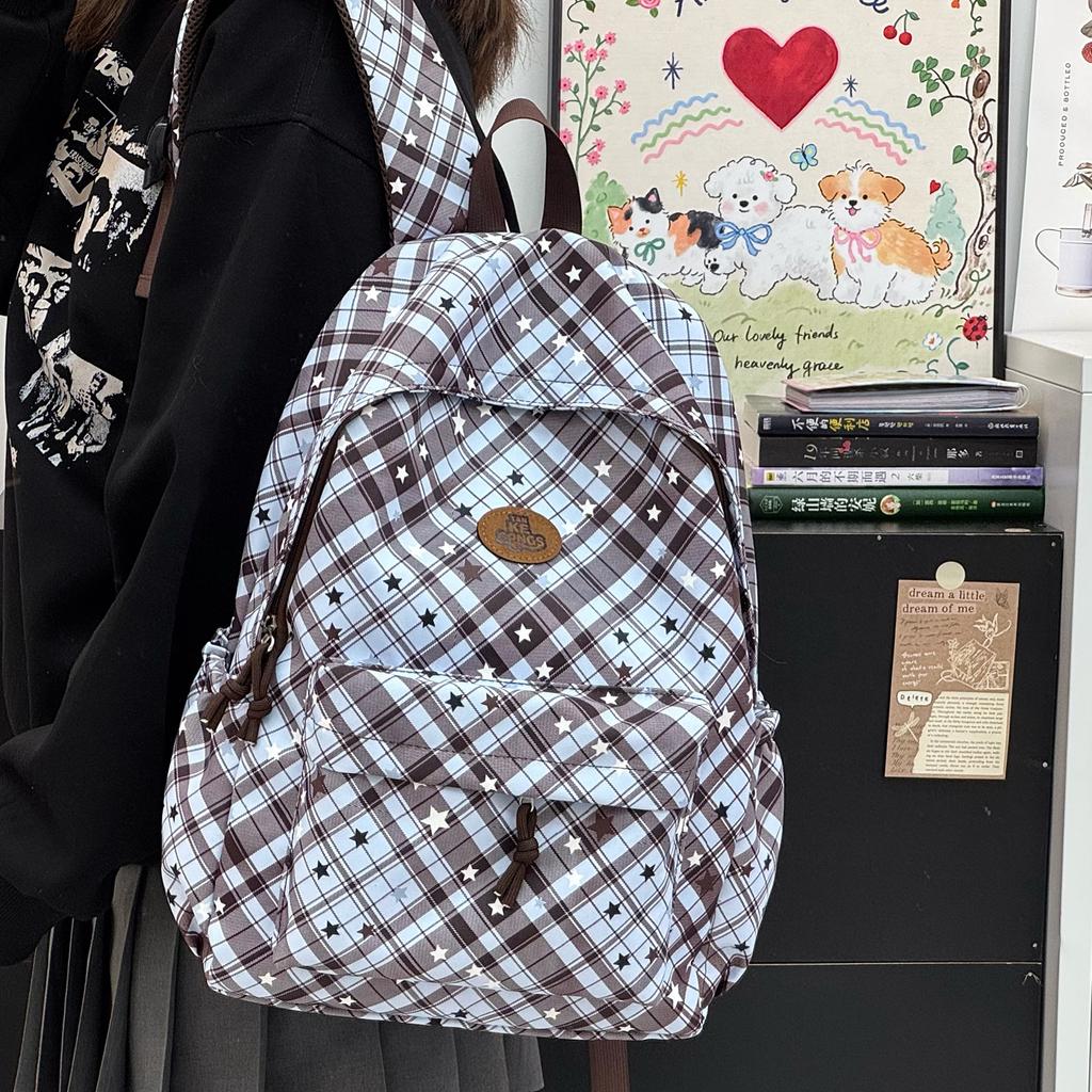 Schoolbag Backpack Female Plaid Student Travel School Bag Female Star Plaid Large Capacity Backpack School Bag Ins Niche