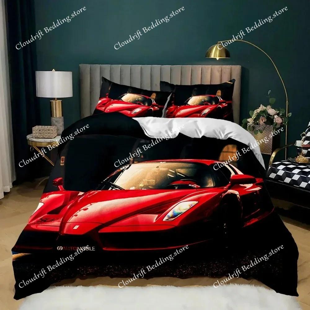 Race Car Duvet Cover Set King Queen Twin Size Red Flame Comforter Cover 3D Sport Car Theme for Boys Girl Polyester Bedding Set