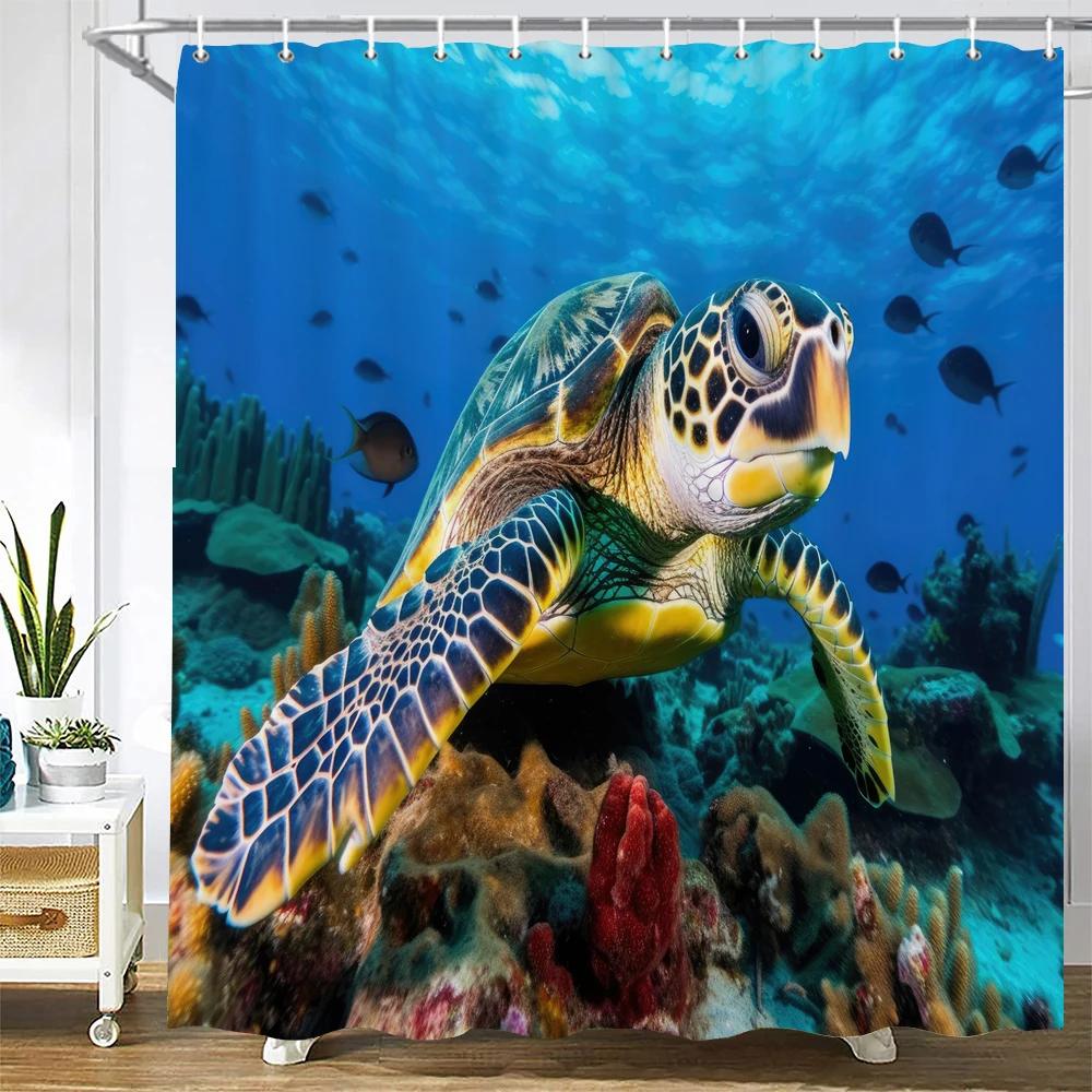 Dolphin Shower Curtain, Blue Underwater World Marine Life , Polyester Fabric Kids Ocean Theme Bathroom Decor Set with 12 Hooks