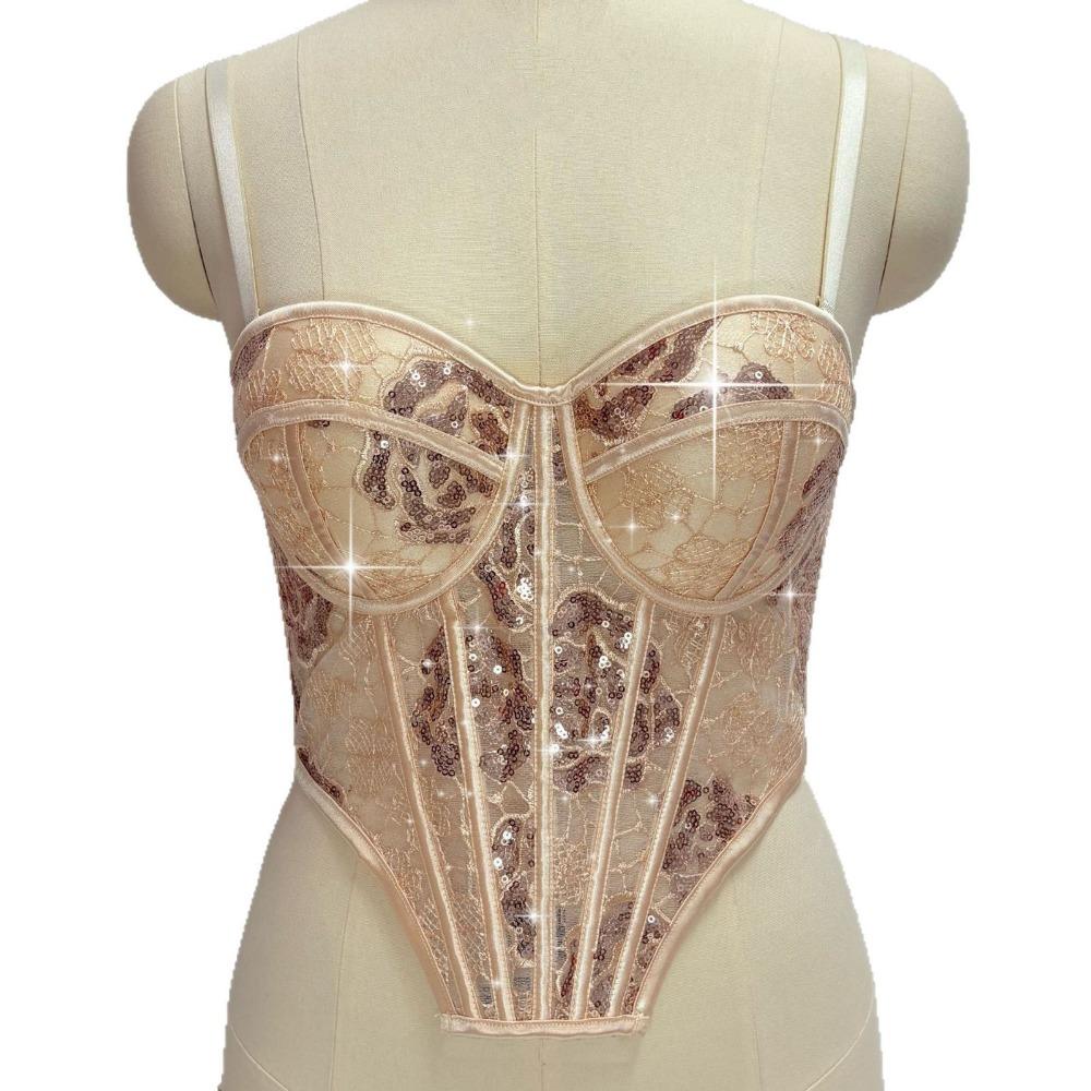 

Slim fit Lace Sequin Corset Hollow Crop Tops Elegant Suspender Vest Travel 36/80AB шампанського