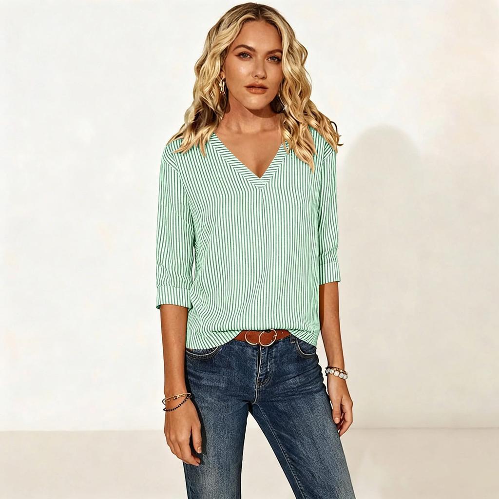 Women's Casual Striped Print Three-Quarter Sleeve Pullover Top