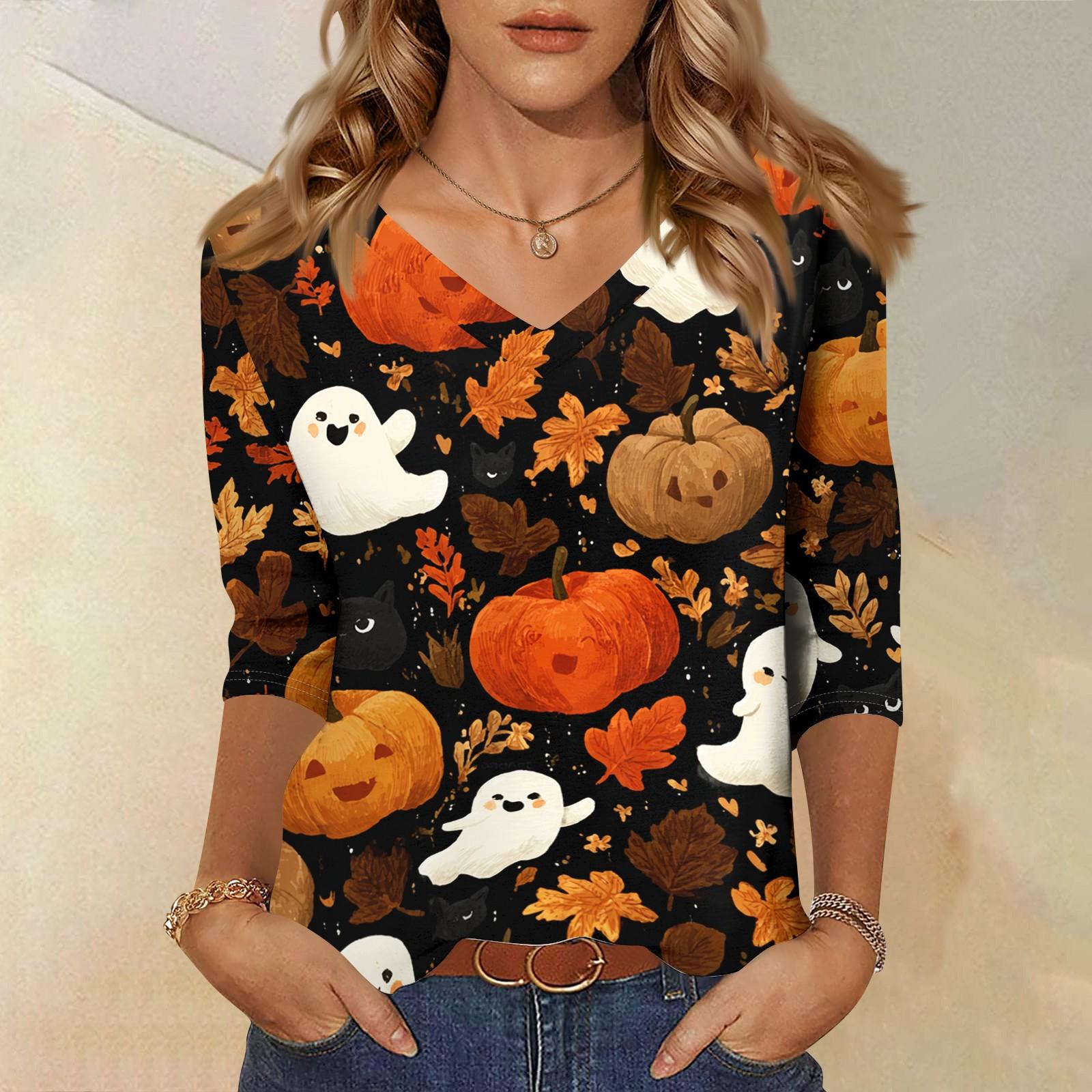 Women s Casual V-Neck Three-Quarter Sleeve Halloween Print Top S