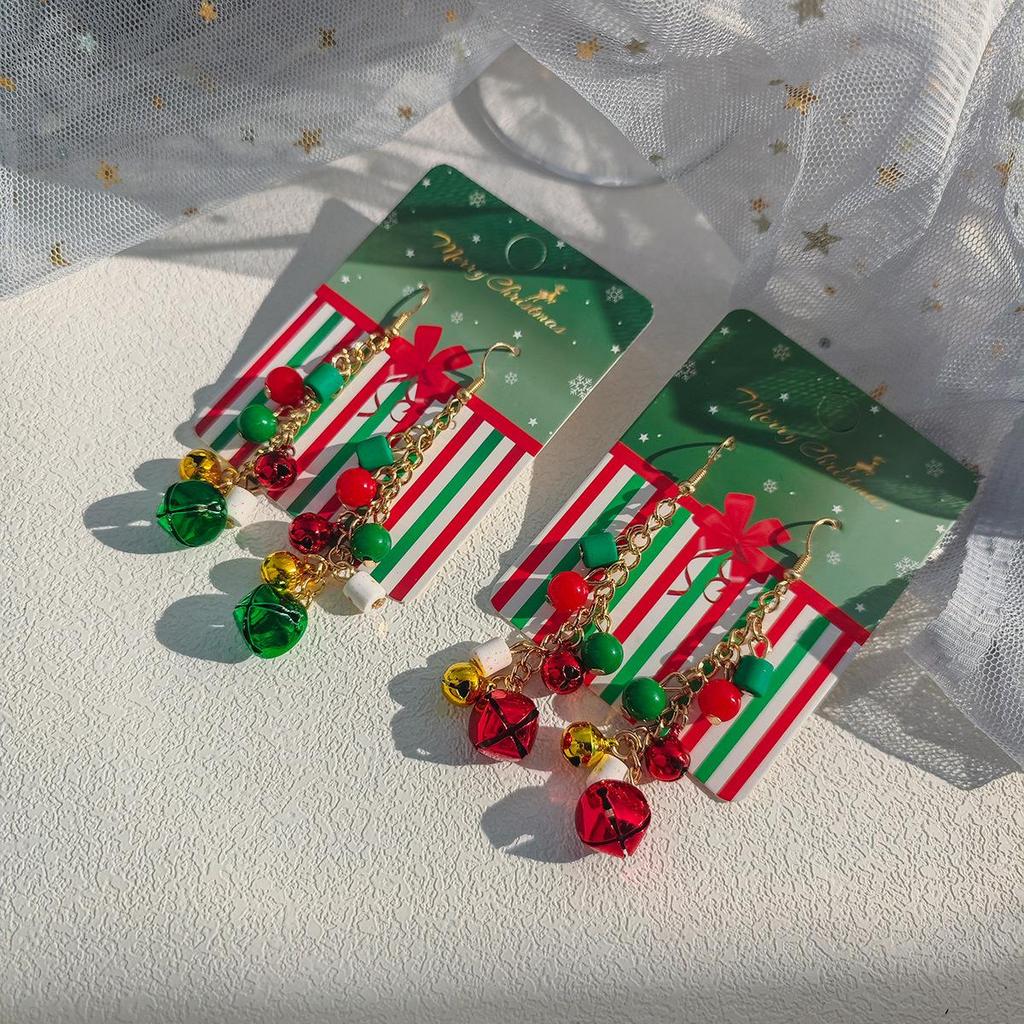 European & American Creative Christmas Bell Long Tassel Earrings: Women's Cute Cartoon Color Block Studs