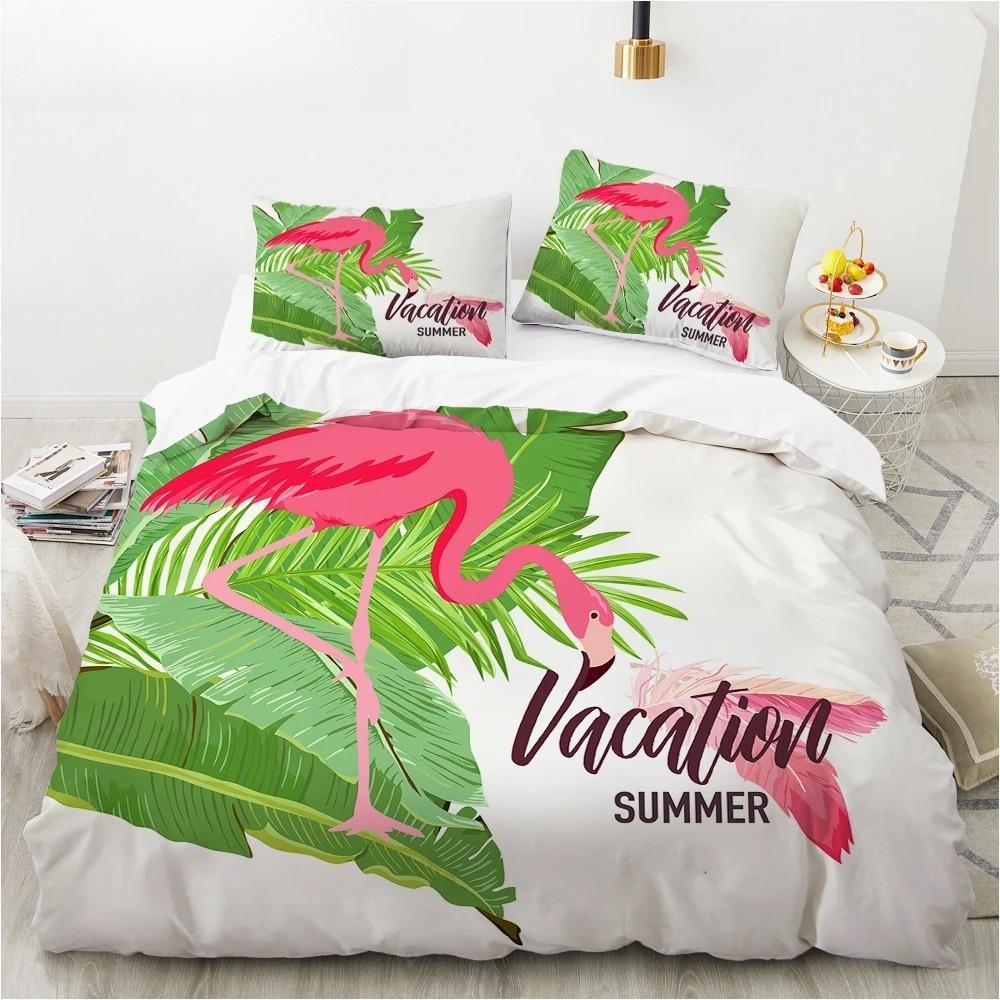 Animal Flamingo King Queen Duvet Cover Cartoon Pink Tropical Bird Bedding Set for Kids Teens Aduls Blue Soft 2/3pcs Quilt Cover