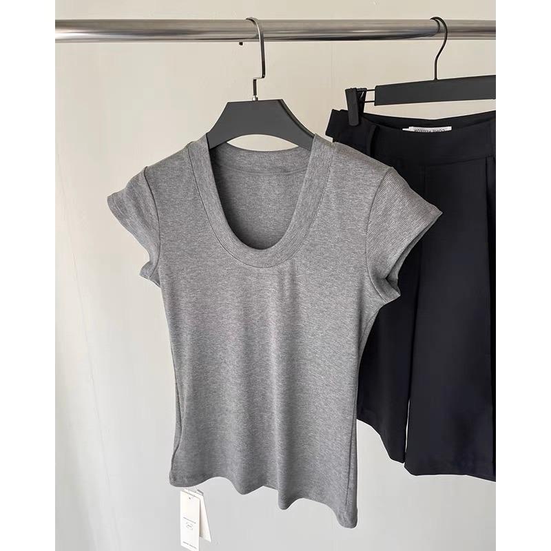 Letní bílé slim fit tričko s krátkým rukávem pro volný čas Dámské slim U-výstřih Kancelářská dáma Tričko Topy Elegantní Jednobarevné Jednoduchá trička Dámské oblečení 24226