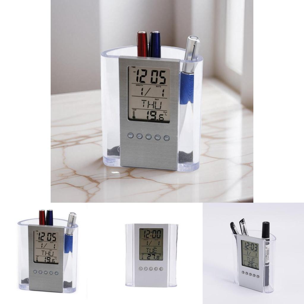 Acrylic Multifunction Pen Holder With Digital Calendar And Clock For Office Desk Organizer