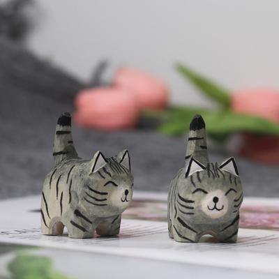 Wooden Carved Cat Figurine Handmade Woodcarving Art Kitten Statue Small Animal Sculpture Home