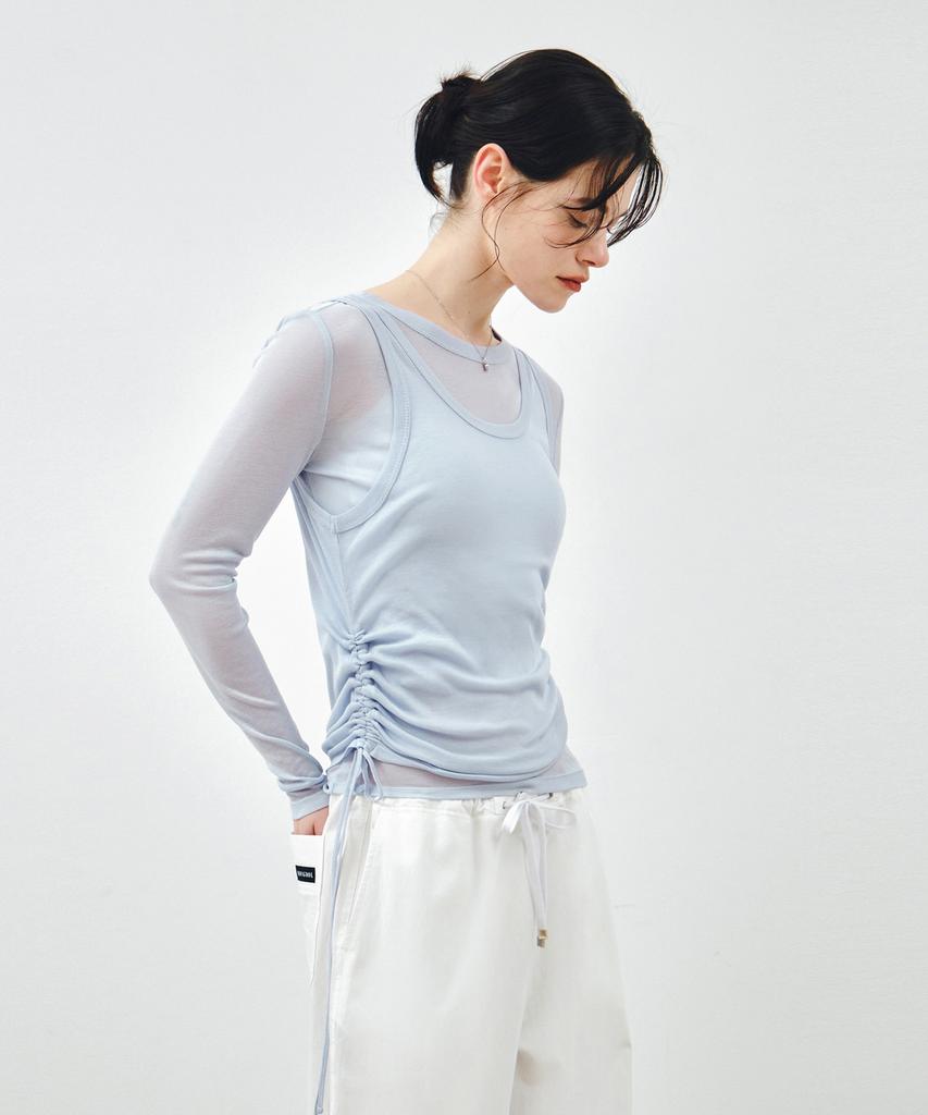 MONGDOL [Set] Side Shirred Layered T-Shirt Sky Blue Mdts067Skyblue