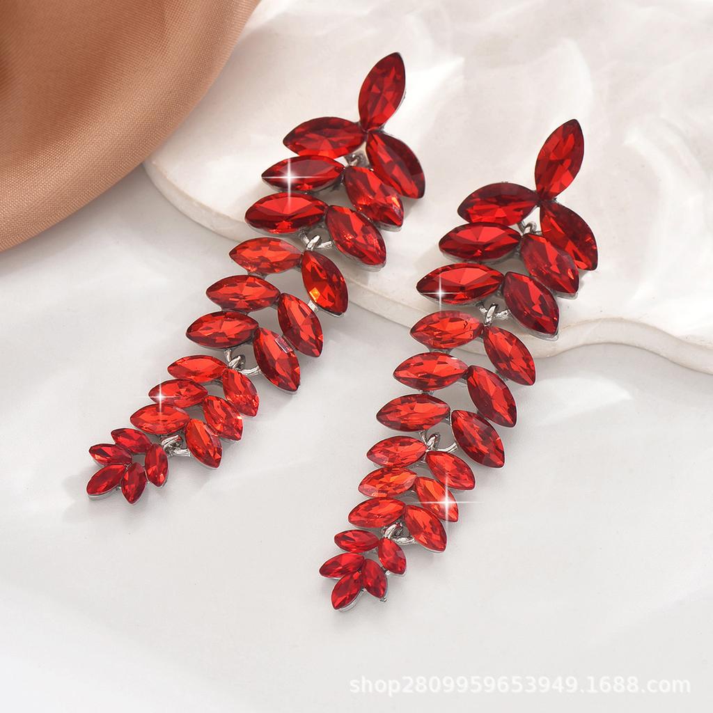 New multi-colored flower earrings, women's exaggerated full diamond long leaf earrings, banquet jewelry earrings.