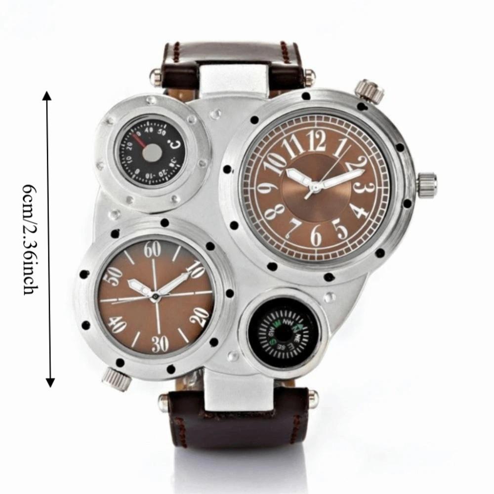 PU Leather Strap Dual Time Zone Watch Leather Strap Quartz Watch Big Face Watches  Male