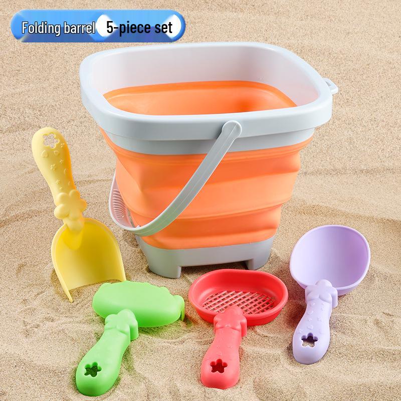 Cross-border Kid's Beach Toy Set: Folding Bucket, Shovel, Sand Tools & Sandglass Accessories