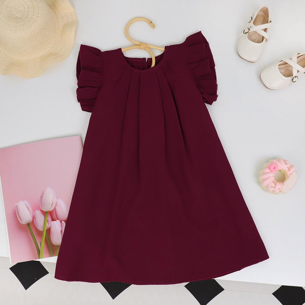 Vestito estivo tinta unita per bambina con maniche a volant, carino, stile principessa, casual, per feste per bambini