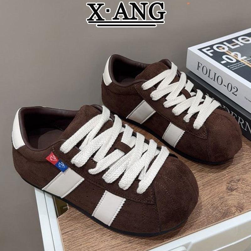 Cowhide Red Women's Autumn New Big Head Bread Shoes Ugly Cute Puff Shoes Casual Board Shoes