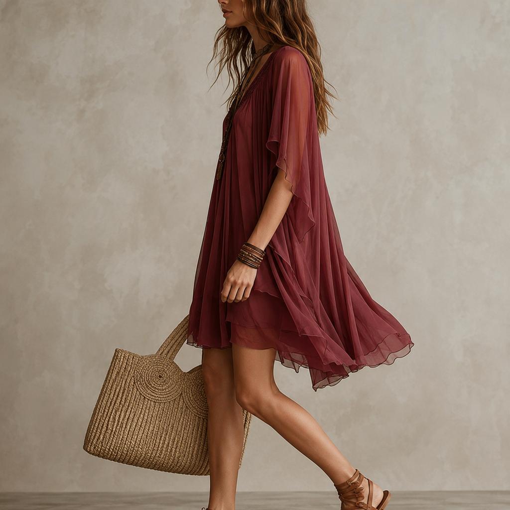 Robe Chiffon Couleur Col en V pour Femme - Vacances à la Plage, Tenue d'Été Décontractée