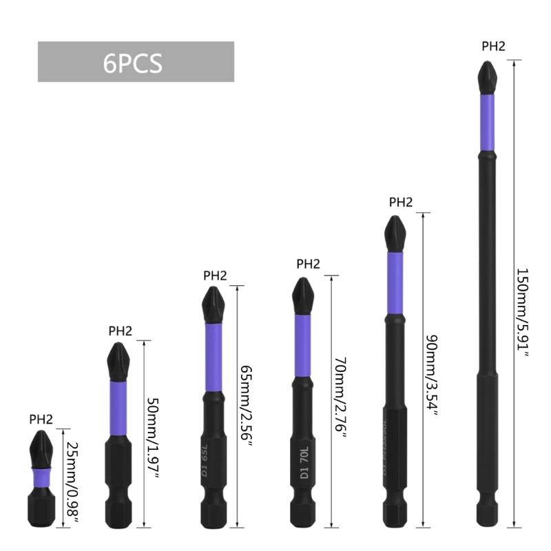 6Pieces Magnetic Non-Slip Drill Bit Portable Magnetic Bit Set Shockproof PH2 Impact Driver Bit Set Magnetic Head