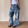 American street washed old ripped jeans men's spring and autumn straight loose European and American high street vibe wind long pants