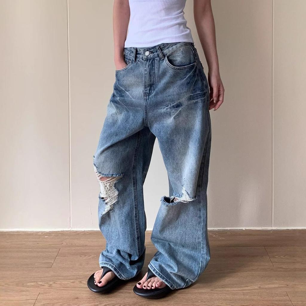 American street washed old ripped jeans men's spring and autumn straight loose European and American high street vibe wind long pants