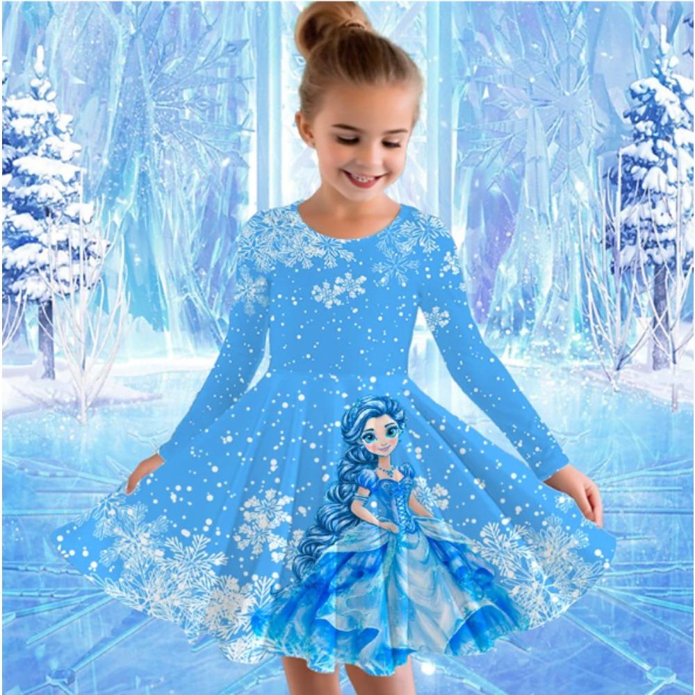 Girl Casual 3D Print Round Neck Long Sleeve Dress Kid Princess Dress 80