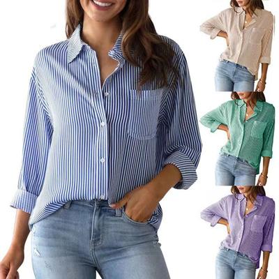 Camisa casual feminina lapela manga comprida bolso no peito camisa tops estampa listrada vertical trespassado