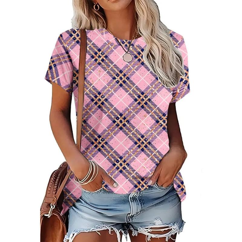 Moda Donna Girocollo Manica Corta Stampa Colore 3D Casual T-shirt Casual a Manica Corta Girocollo