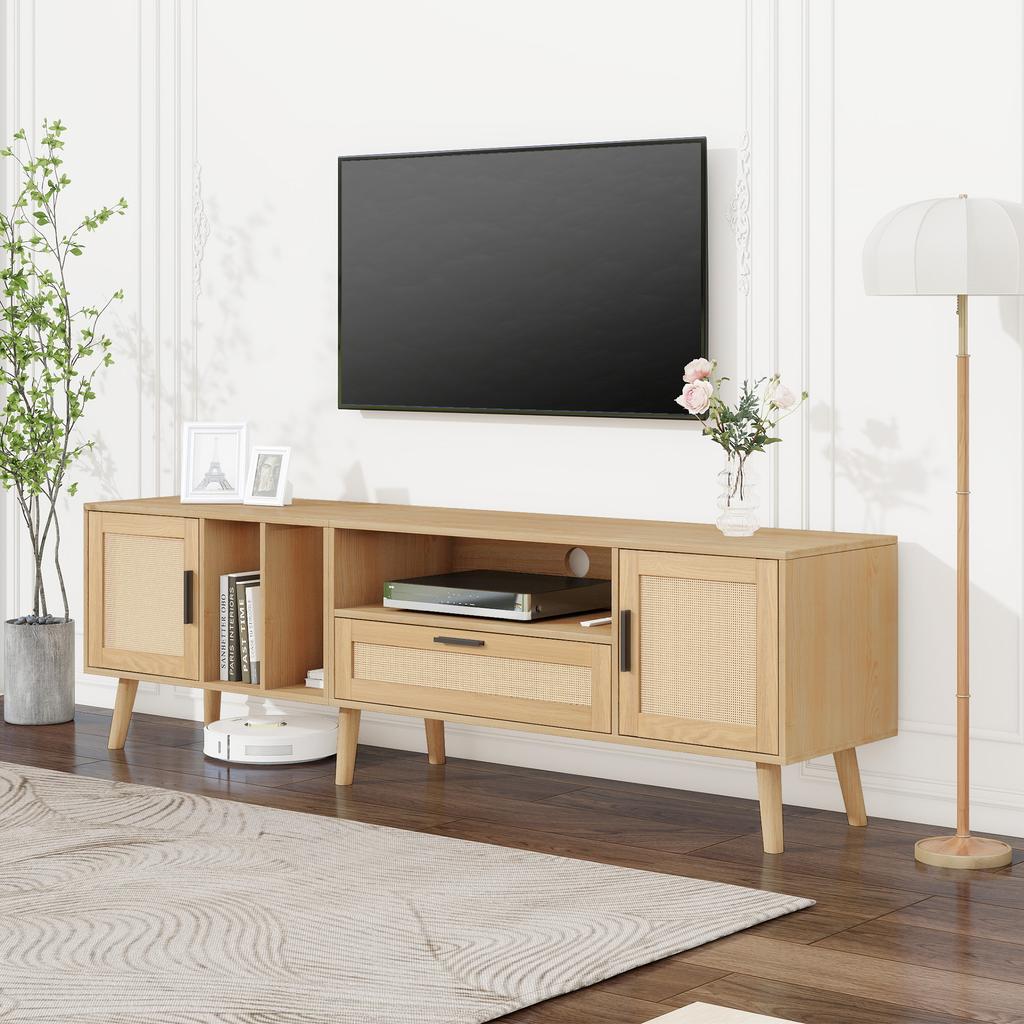 Spacious 180 Cm TV Cabinet with Rattan Decoration, 2 Doors and One Drawer, Solid Wood Legs, Provides Space for an 80-Inch TV, TV Storage Cabinet