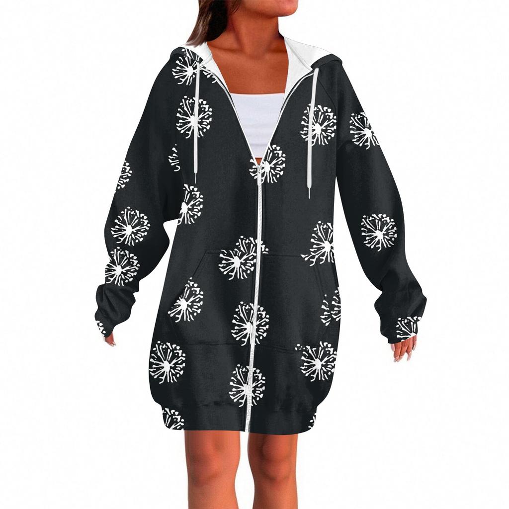 Women's Fashionable Printed  Long Sleeved Drawstring Hooded Zipper Pocket Long Casual Sweatshirt Jacket