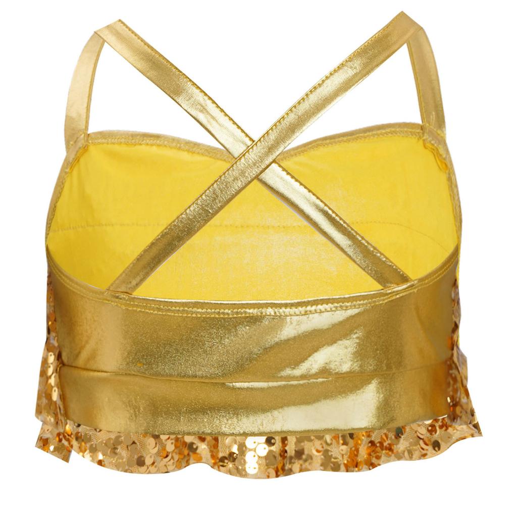 Kids Jazz Dance Top Glitter Sequins Tiered Ruffles Crop Camisole with Cross Back for Performances